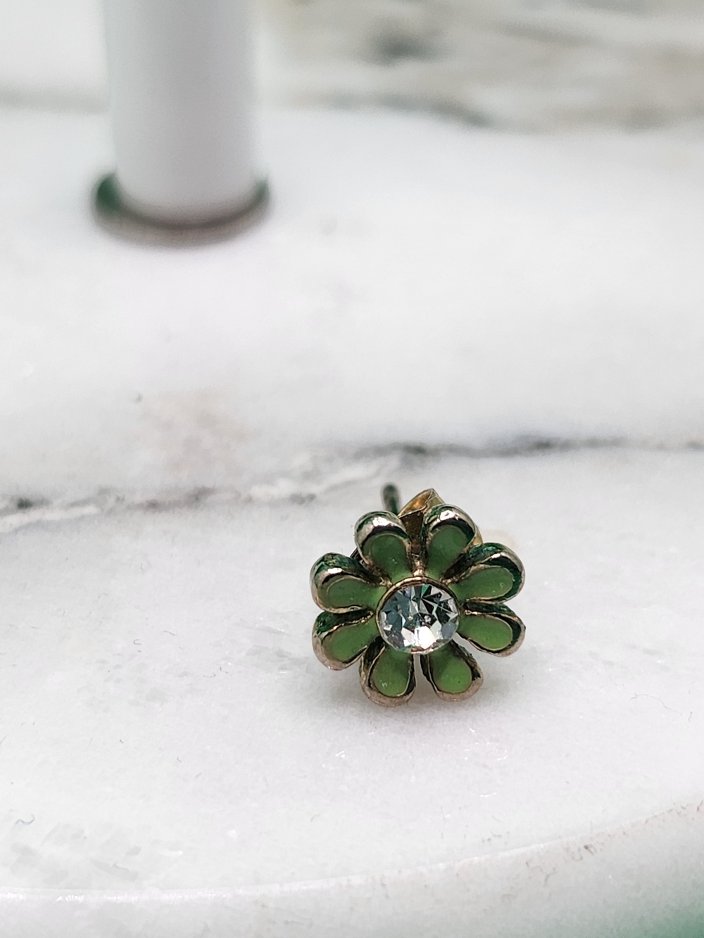 Green Enamel Flower Stud Earring with Crystal Center